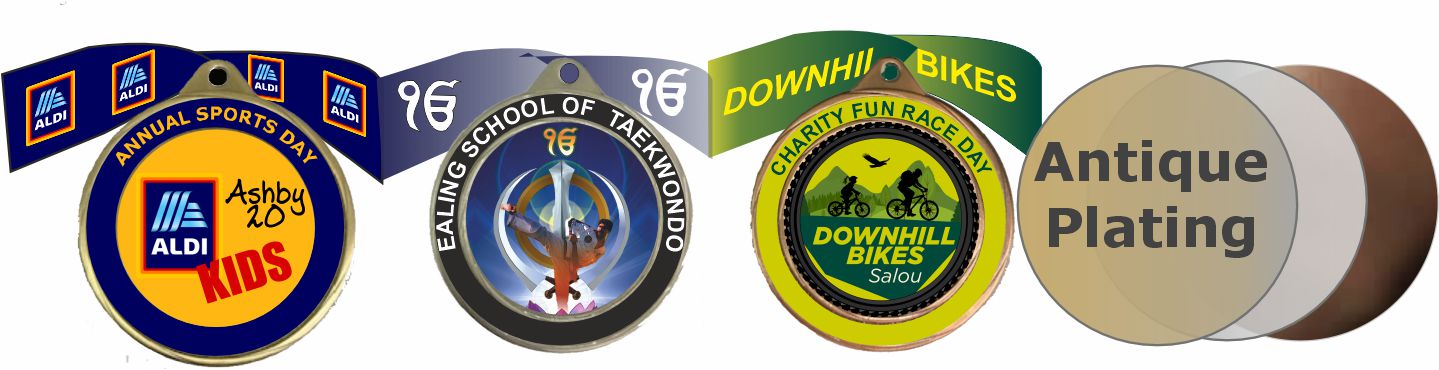 70mm Custom Printed Antique Plated Medals and Ribbons Minimum Order 500 Mixed Colours from £2.19 excVAT
